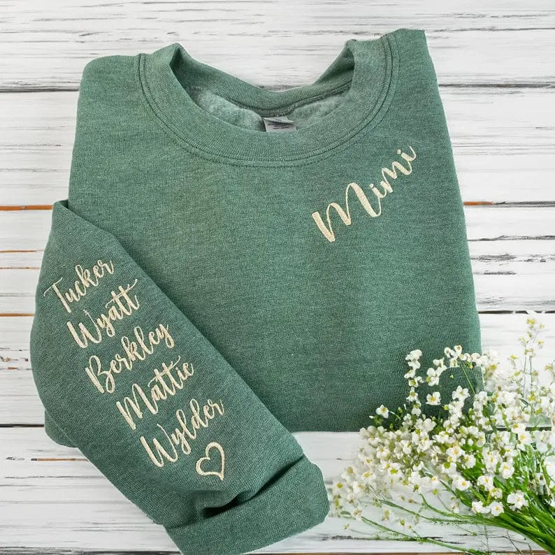 Custom Embroidered Mimi Grandma Gigi or Any Text on Neckline Sweatshirt, Names on Sleeve, Personalized Gift for Mom Momma Nana Sweater