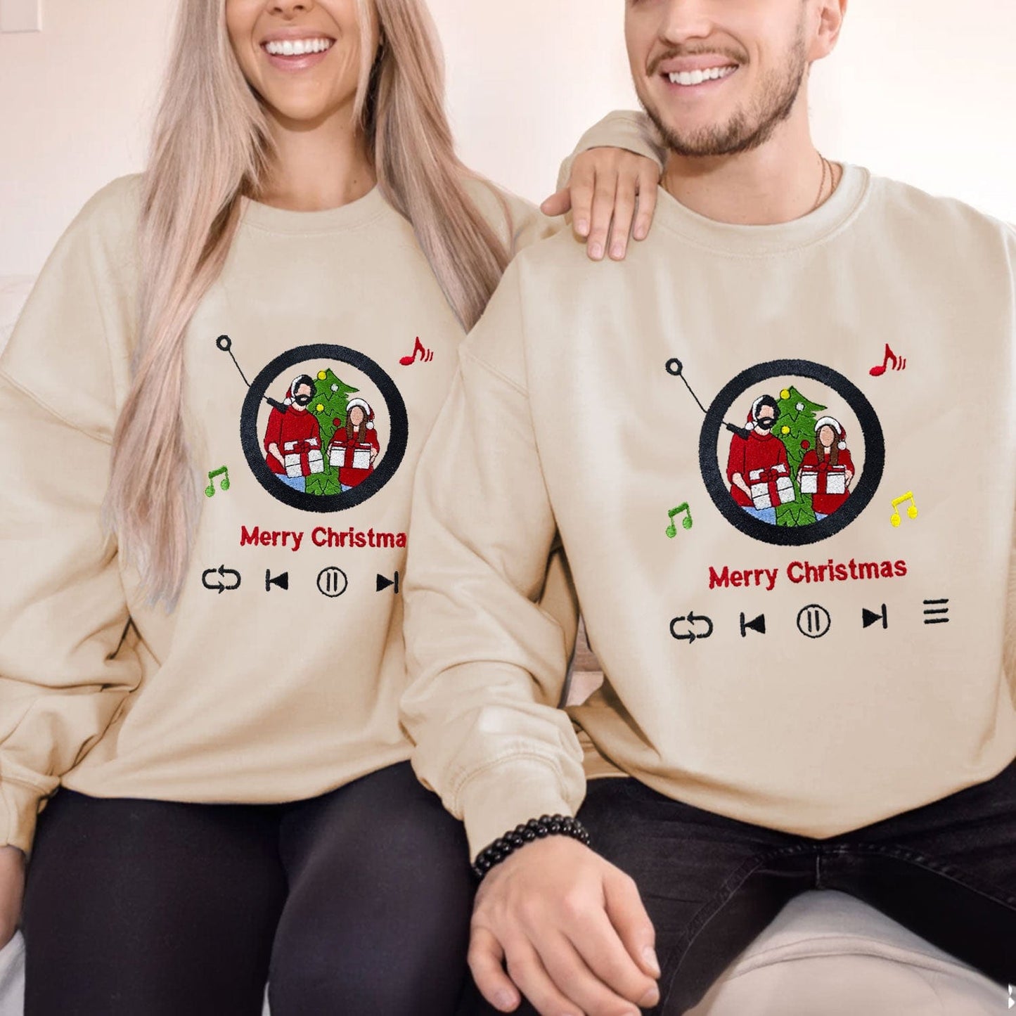 Mystichot Custom Embroidered Sweatshirt Portrait Music Player Couple Family Gift |  2025 New Arrivals