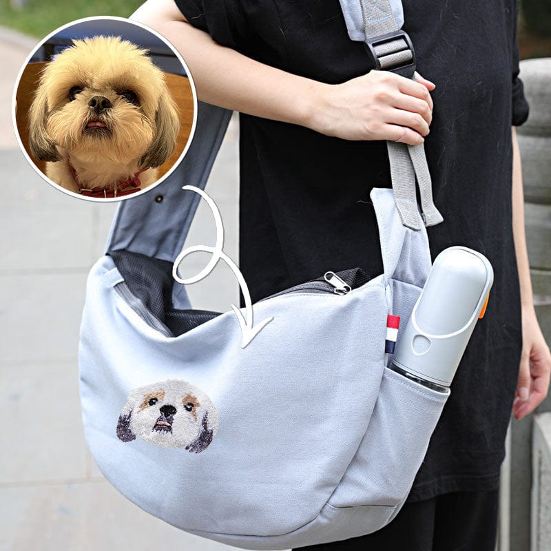 Personalised Grey dog Sling Carrier for small dog image - Custom embroidered pet sling Carrier - Custom hands free Doogie Sling chest bag