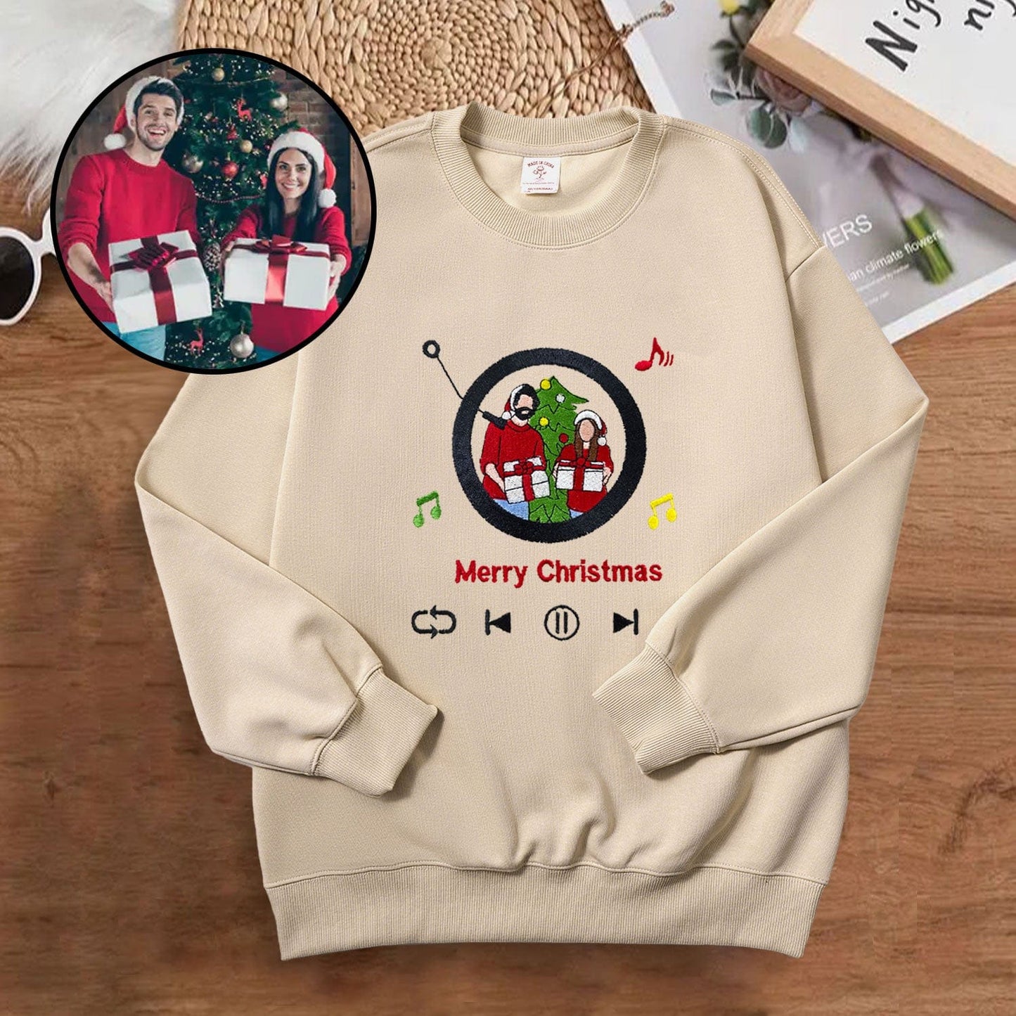 Mystichot Custom Embroidered Sweatshirt Portrait Music Player Couple Family Gift |  2025 New Arrivals