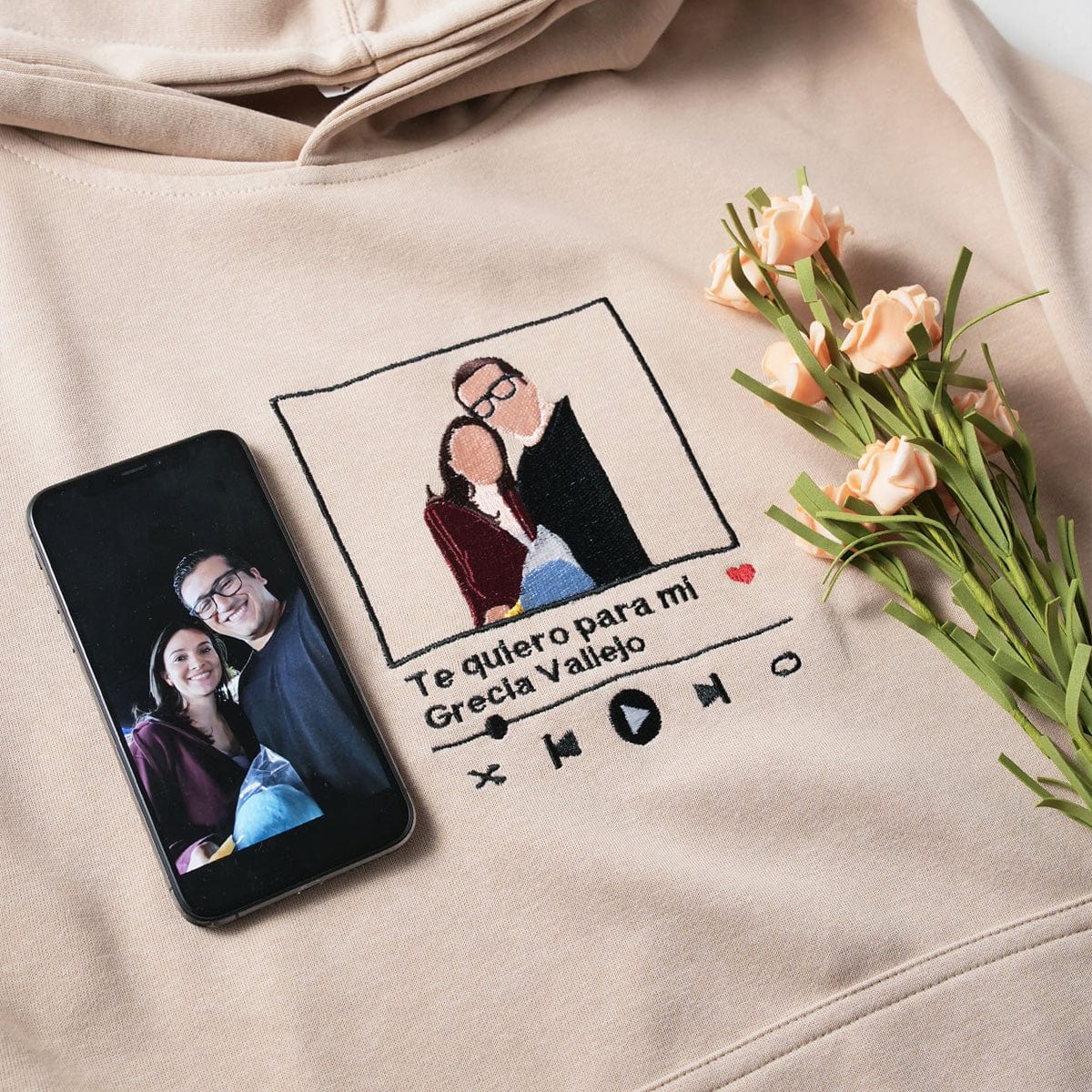 Music Player Elements Combined with Couple Photos | Unique Design Embroidered Hoodie for Couples | Fall Edition, Perfect Couples Gift