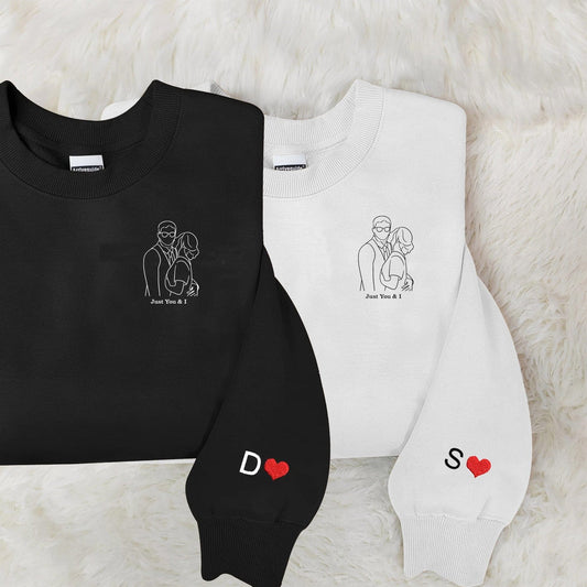 Custom embroidered couples sweatshirts: upload photos and personalize text, choose from15 colors to create a unique, one-of-a-kind gift