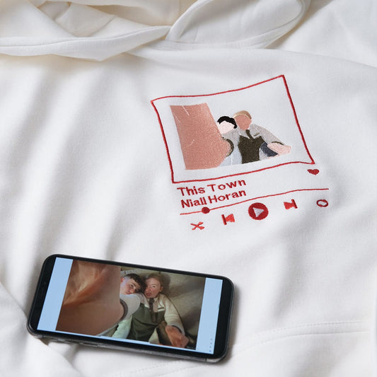 Music Player Elements Combined with Couple Photos | Unique Design Embroidered Hoodie for Couples | Fall Edition, Perfect Couples Gift