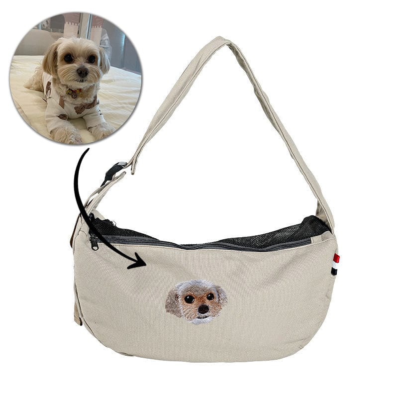 Personalised Grey dog Sling Carrier for small dog image - Custom embroidered pet sling Carrier - Custom hands free Doogie Sling chest bag