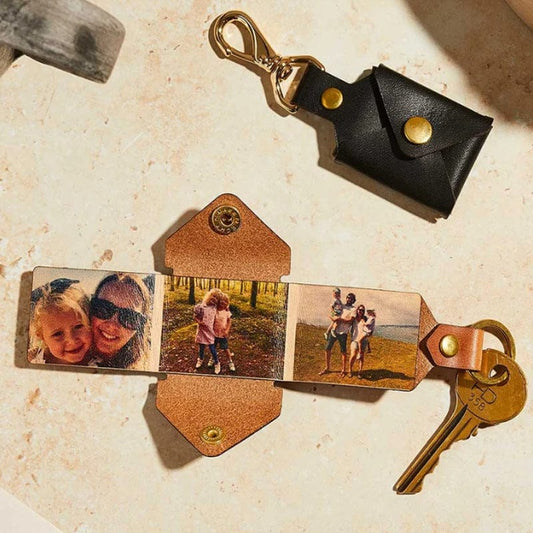 Custom good times photo keychain，Personalized Photo Keychain Leather Case，Keyring with Three Photos