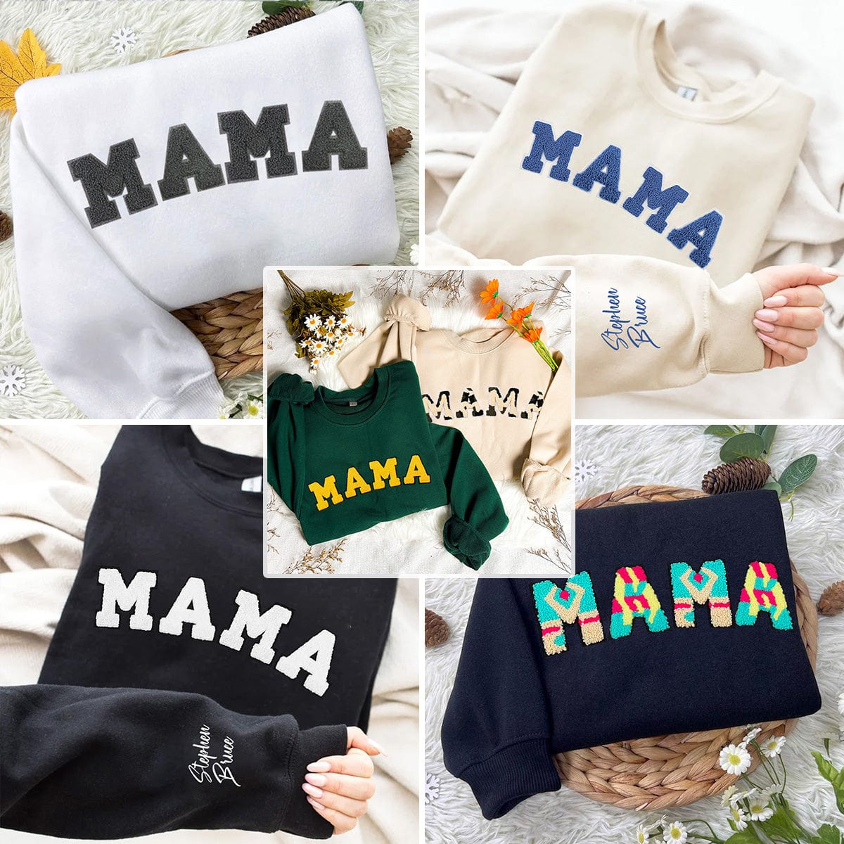 Personalized MAMA Embroidery T-Shirt/Sweatshirt/Hoodie - Multiple Font Options & Custom Cuff Text Available!