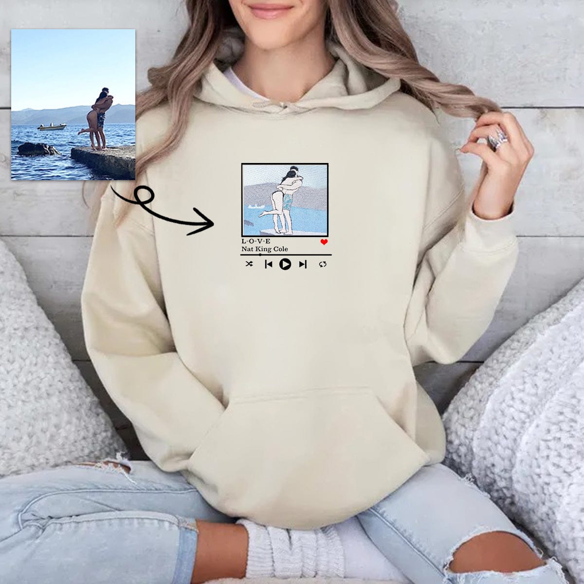 Music Player Elements Combined with Couple Photos | Unique Design Embroidered Hoodie for Couples | Fall Edition, Perfect Couples Gift