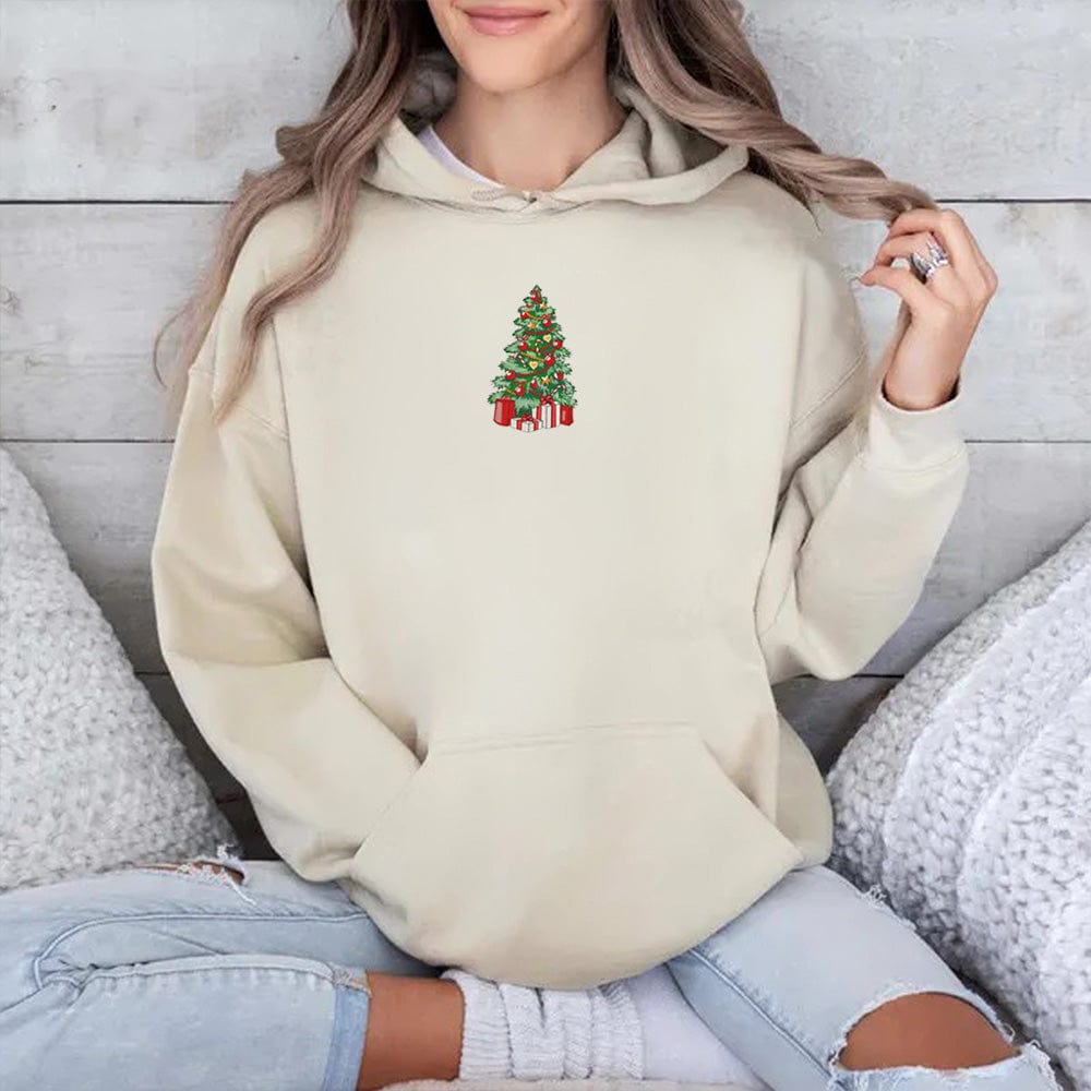 Minimalist Trendy Christmas Tree Embroidery Hoodie | Stylish and Comfortable Fall T-shirt/Sweatshirt | Designed for European & American Markets, Celebrate the Holiday Spirit with Modern Fashion