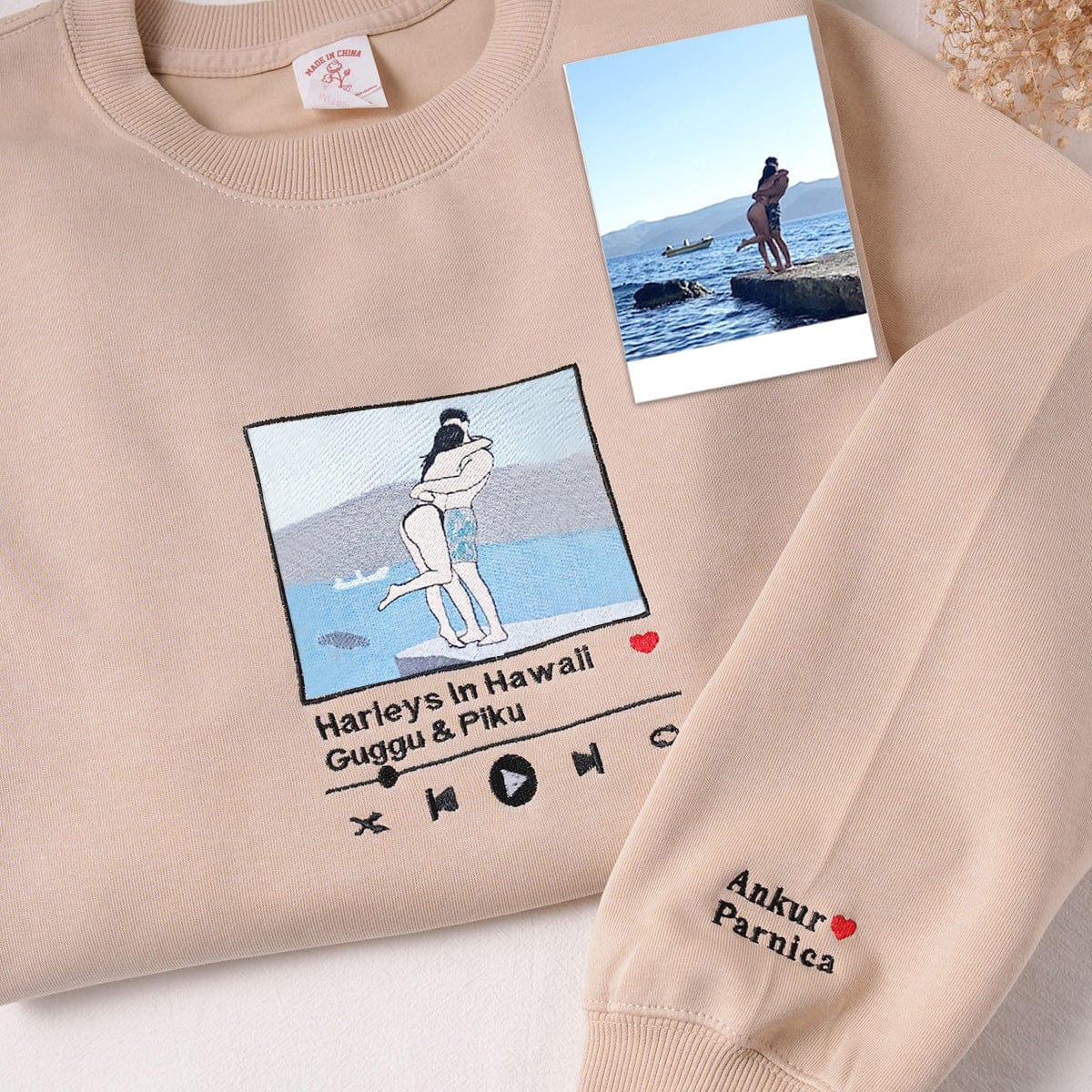 Music Player Elements Combined with Couple Photos | Unique Design Embroidered Hoodie for Couples | Fall Edition, Perfect Couples Gift