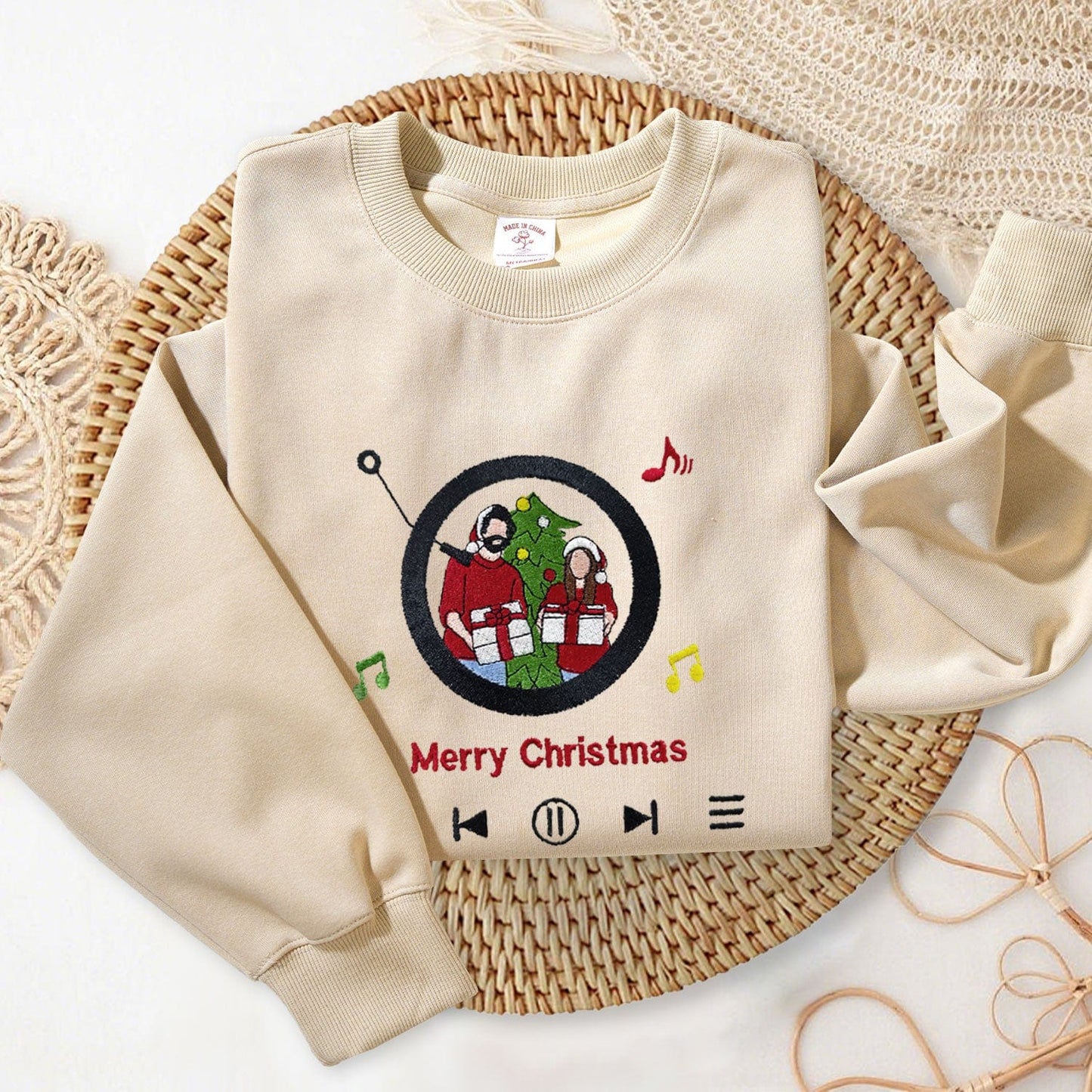 Mystichot Custom Embroidered Sweatshirt Portrait Music Player Couple Family Gift |  2025 New Arrivals
