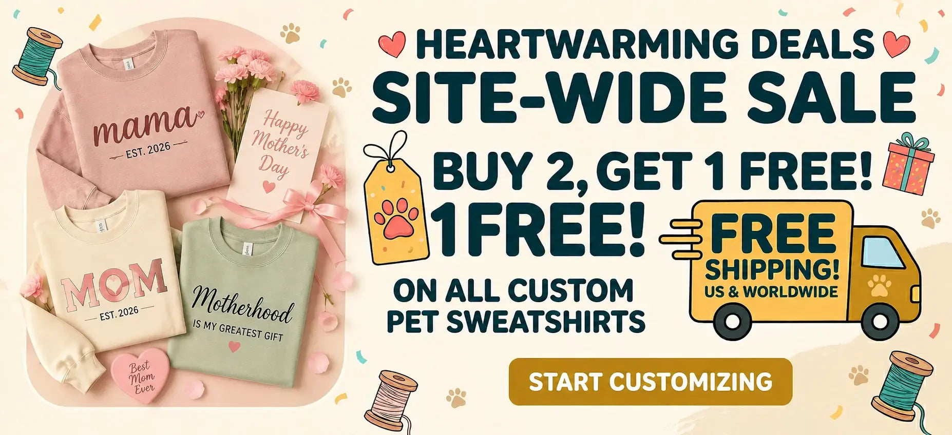 MysticHot custom pet sweatshirts site-wide sale: Buy 2 get 1 free with free shipping homepage banner