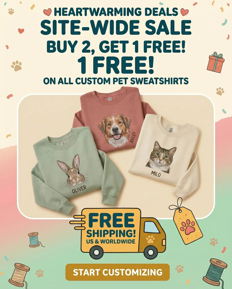 MysticHot site-wide sale banner: Buy 2 get 1 free with free shipping on custom pet portrait sweatshirts featuring a dog, cat, and rabbit. homepage banner