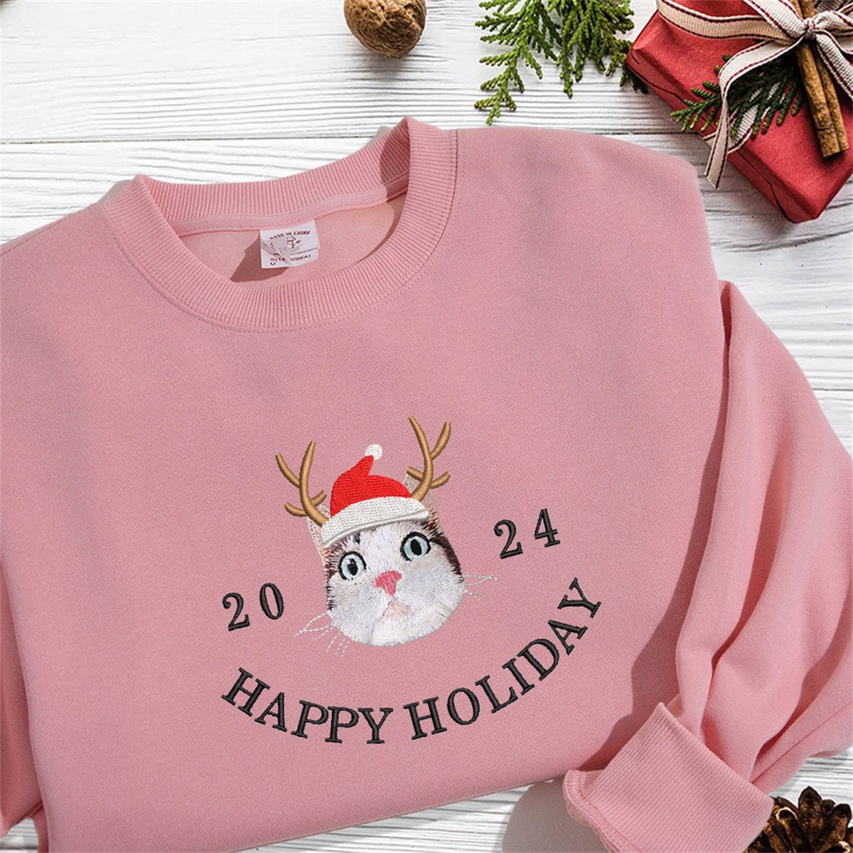 Embroidered Pet Christmas Hat Sweatshirt | Comfortable T-Shirt and Hoodie | Unique Personalized Design to Showcase You and Your Pet's Holiday Spirit  new