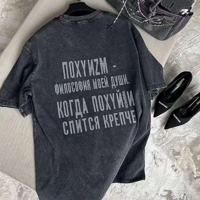 Summer new American vintage do old wash black 100% cotton short sleeve hot diamond loose personality street T-shirt tide